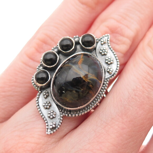 Unbranded Other - 925 Sterling Silver Vintage Real Black Tiger Eye & Onyx Modernist Ring Size 6.25